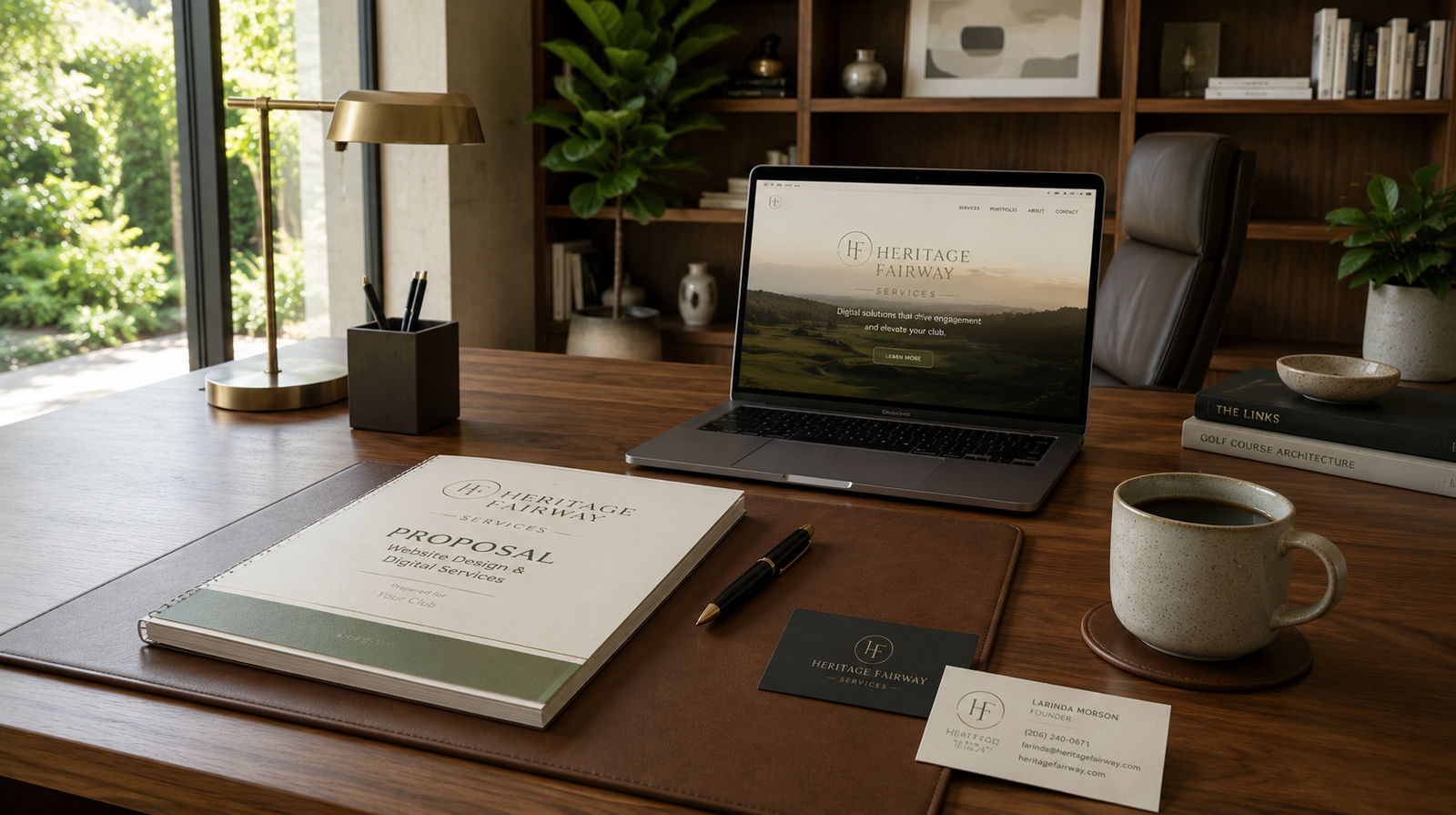 Heritage Fairway proposal and digital strategy materials on a desk